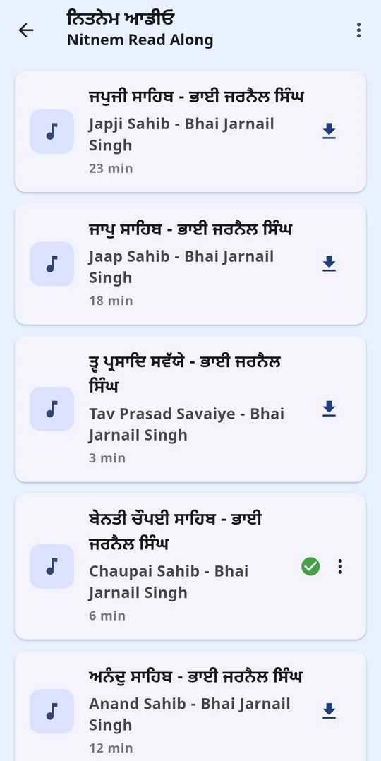 The list of Nitnem banis with recitation lengths