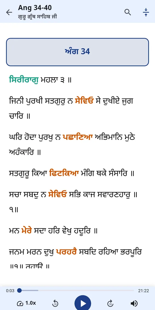 An ang of Sri Guru Granth Sahib Ji with words highlighted as the audio plays
