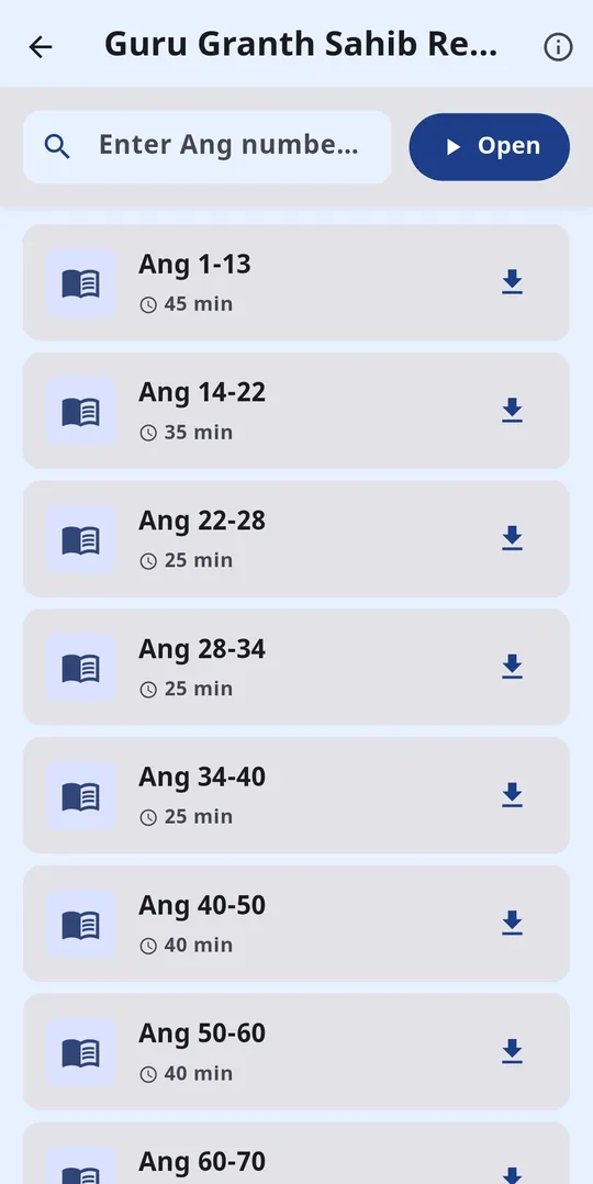 Ang ranges listed with the length of each recitation